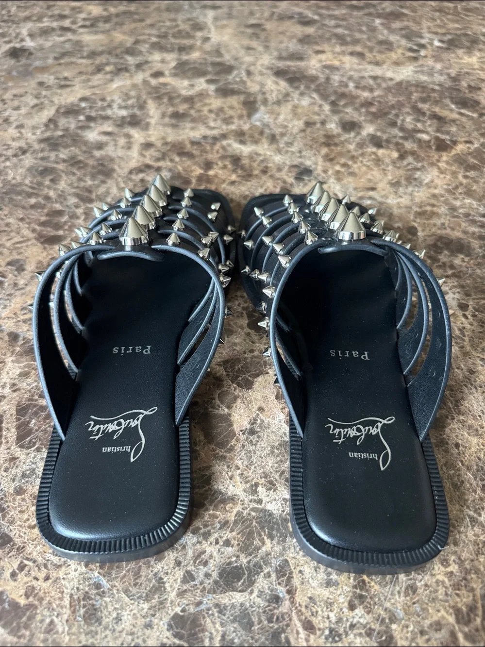Christian Louboutin charja flat black leather silver spike sandals sz 38.5